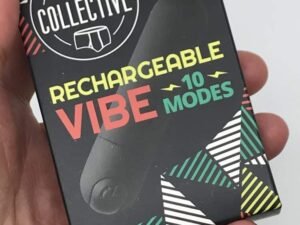 Dark Box with a Black Bullet Vibe Pictured, Text reads Rechargeable Vibe 10 modes by New York Toy Collective