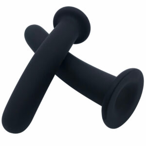 2 Smooth Black Dildos stacked on top of one another at a 30 degree angle showing the suction cup base