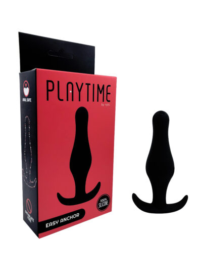 Sleek black anal butt plug with banana base next to red box that says Playtime, Easy Anchor