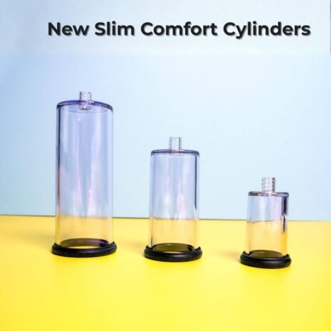 trans masc pro pump updated Three new slim comfort cylinders displayed on yellow background.