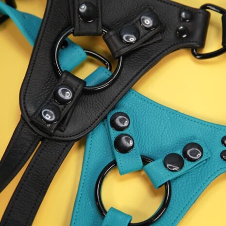 Leather Harness Teal and black on yellow 100% Leather Strap-on Harness in Teal and Black
