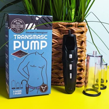 trans masc pro pump Transmasc pump and accessories on a colorful background.